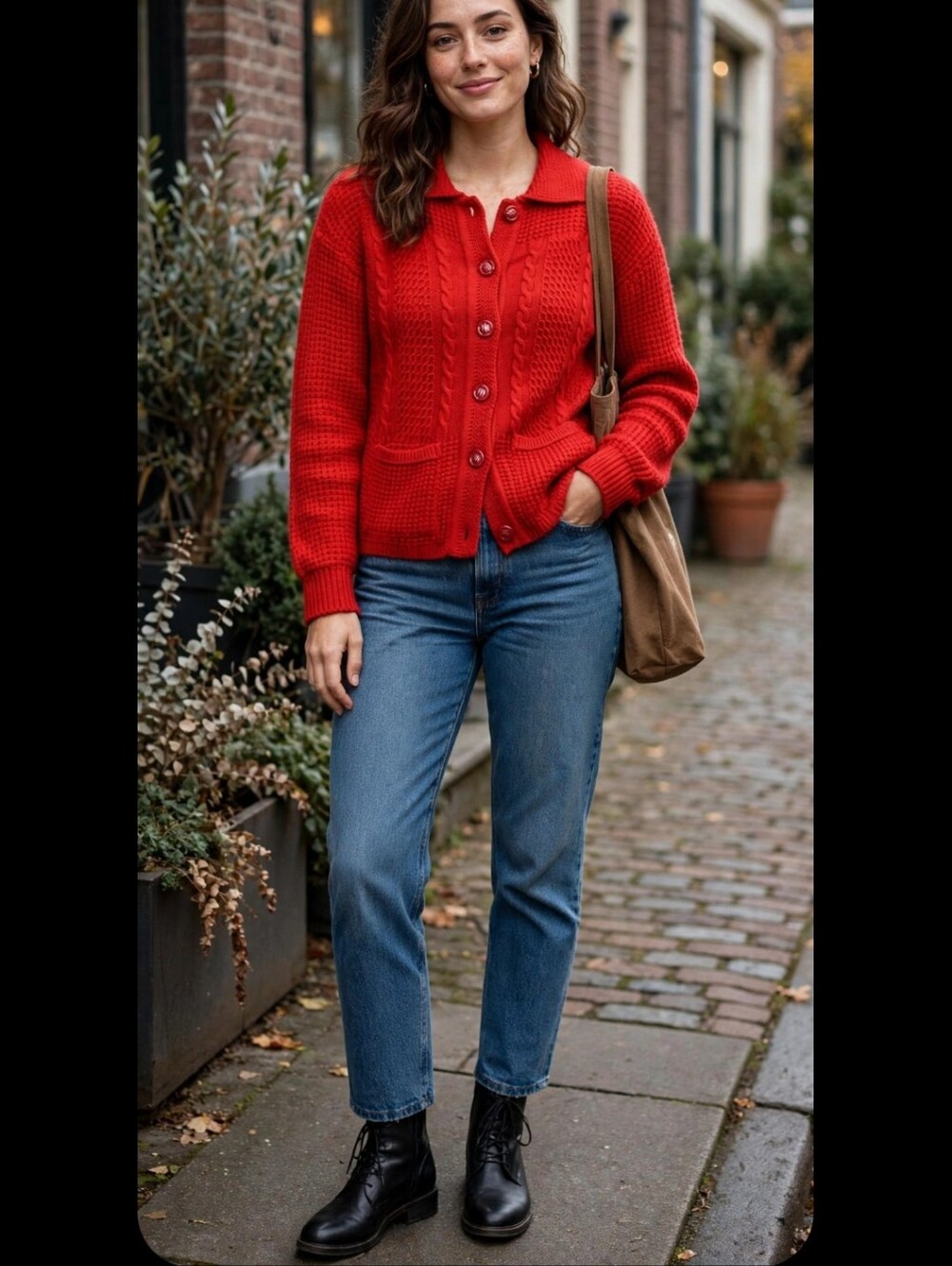 Vintage Women's Red Cable Knit Button-Front Cardigan